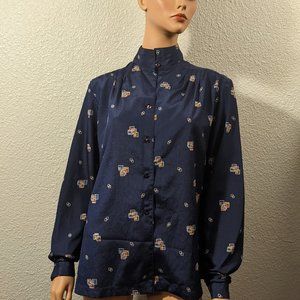 Vintage 70s Nordstrom Navy Modernist Print Blouse High or Low Collar M-L